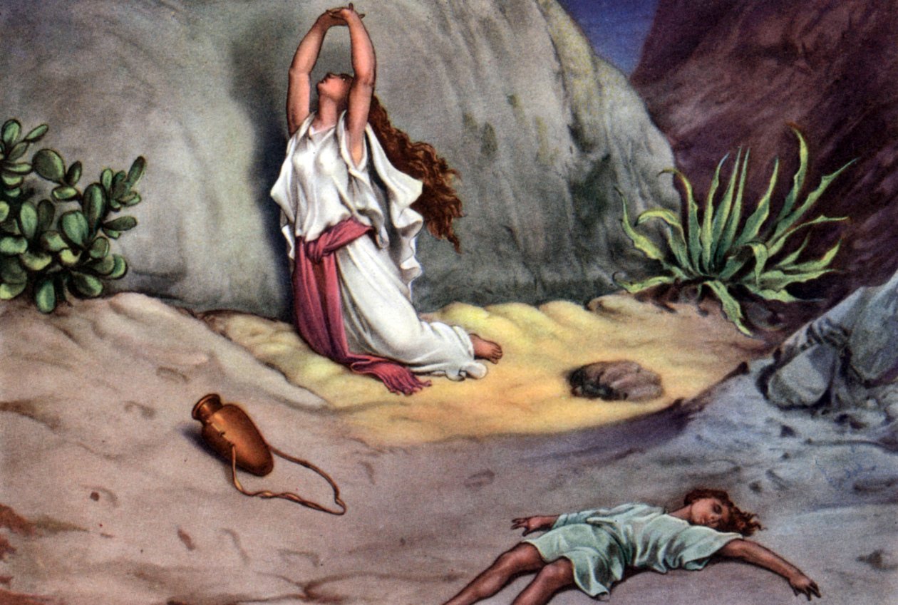 Uppsättning av bibliska pedagogiska vykort på 50-talet, gjorda efter Fine Arts: här efter "Hagar och Ismael i öknen" av Gustave Dore av Gustave Dore