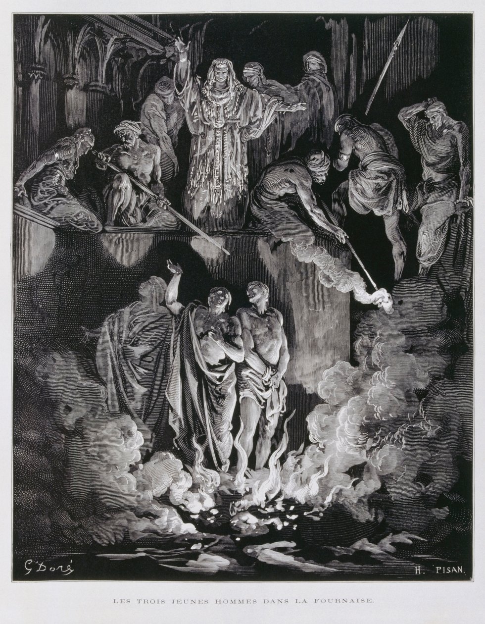 Shadrach, Meshach och Abednego i den brinnande ugnen, illustration från Dore-bibeln av Gustave Dore