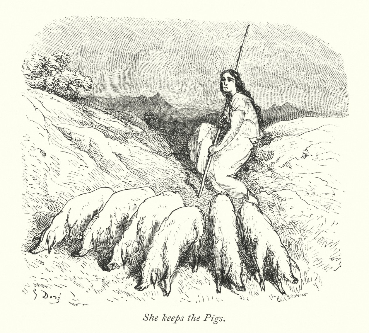 Hon håller grisarna (gravyr) av Gustave Dore