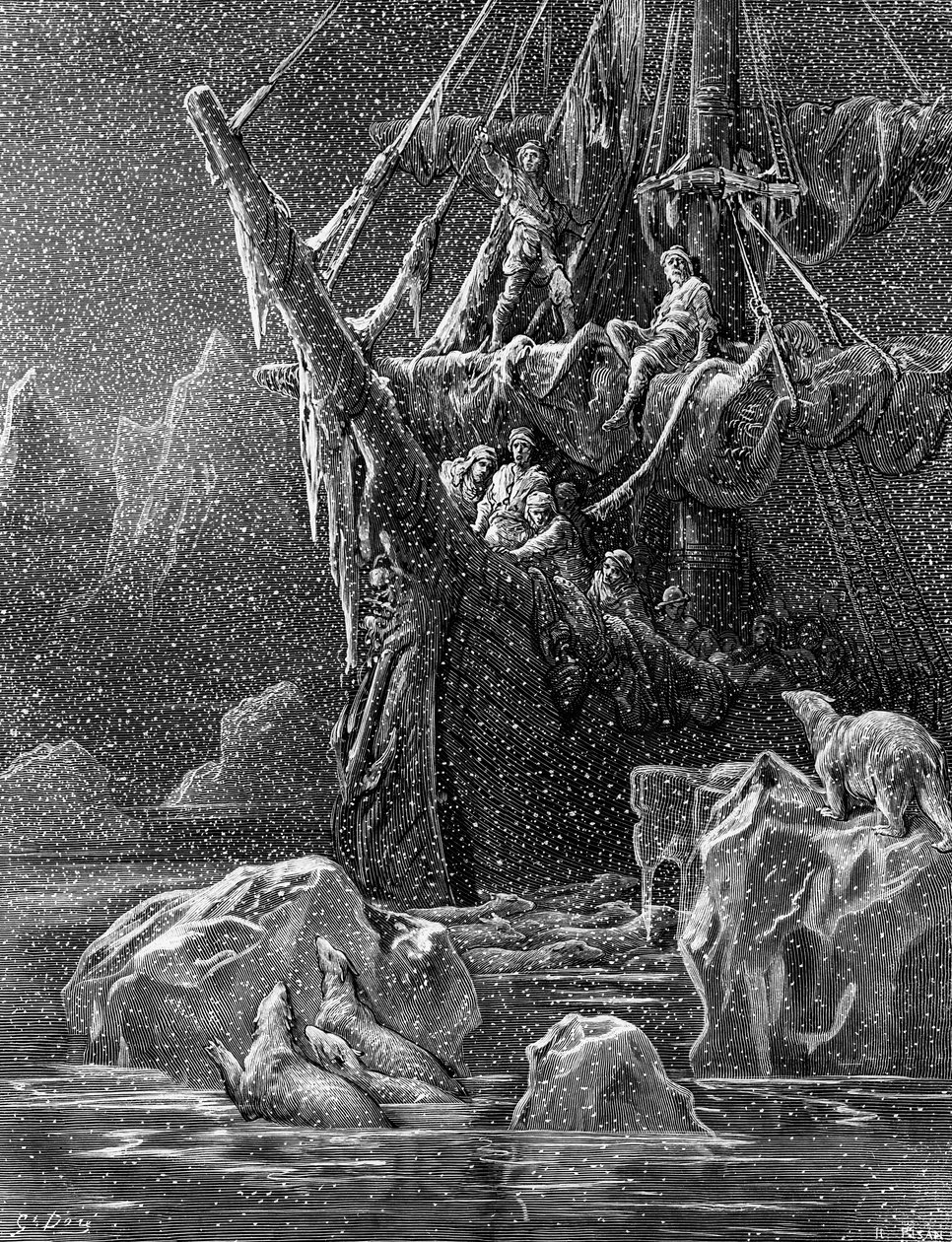 Skepp i Antarktis, scen från "The Rime of the Ancient Mariner" av S.T. Coleridge, av S.T. Coleridge, publicerad av Harper und Brothers, New York, 1876 (trägravyr) av Gustave Dore