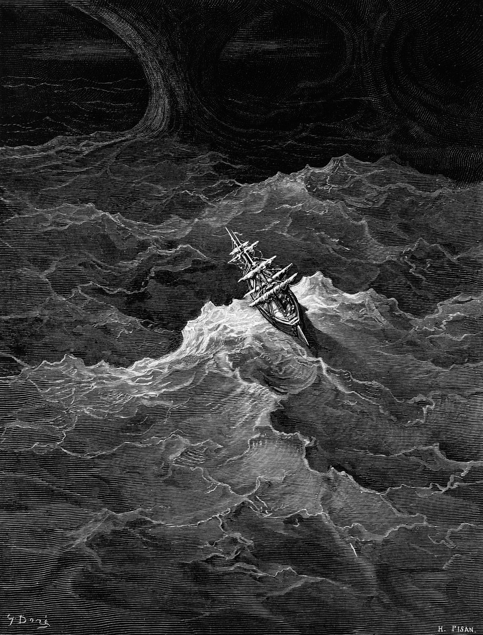 Skepp i stormigt hav, scen från "The Rime of the Ancient Mariner" av S.T. Coleridge, av S.T. Coleridge, utgiven av Harper und Brothers, New York, 1876 (trägravyr) av Gustave Dore