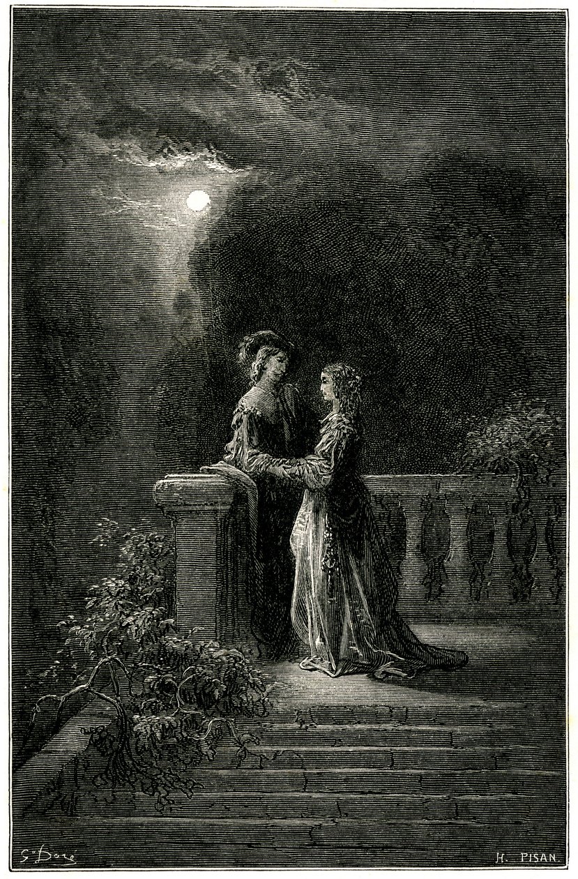 Sigognac och Isabelle: älskande som äntligen förenas i månskenet. I slutändan triumferar kärleken! Gravyr av Gustave Dore som illustrerar Theophile Gautiers pikareskroman om cape och epee "Le capitaine Fracasse", edition Charpentier 1863. av Gustave Dore