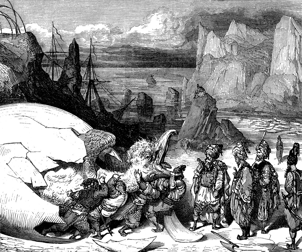 Sindbad sjöfararen (Sindbad) - berättelsen om de tusen och en (1001) nätterna - illustration av Gustave Dore (detalj) - Maxwell edition 1865 - Femte resan: köpmännen som följer Sindbad bryter skalet på ett gigantiskt ägg av fågeljätten Roc för att extraher av Gustave Dore