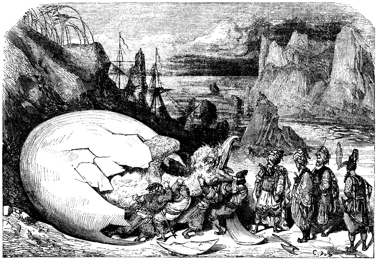 Sindbad sjömannen (Sindbad) - berättelsen om de tusen och en (1001) nätterna - illustration av Gustave Dore - Maxwell-utgåvan 1865 - Femte resan: köpmännen som följer Sindbad bryter skalet på ett gigantiskt ägg av fågeljätten Roc för att extrahera en enorm av Gustave Dore