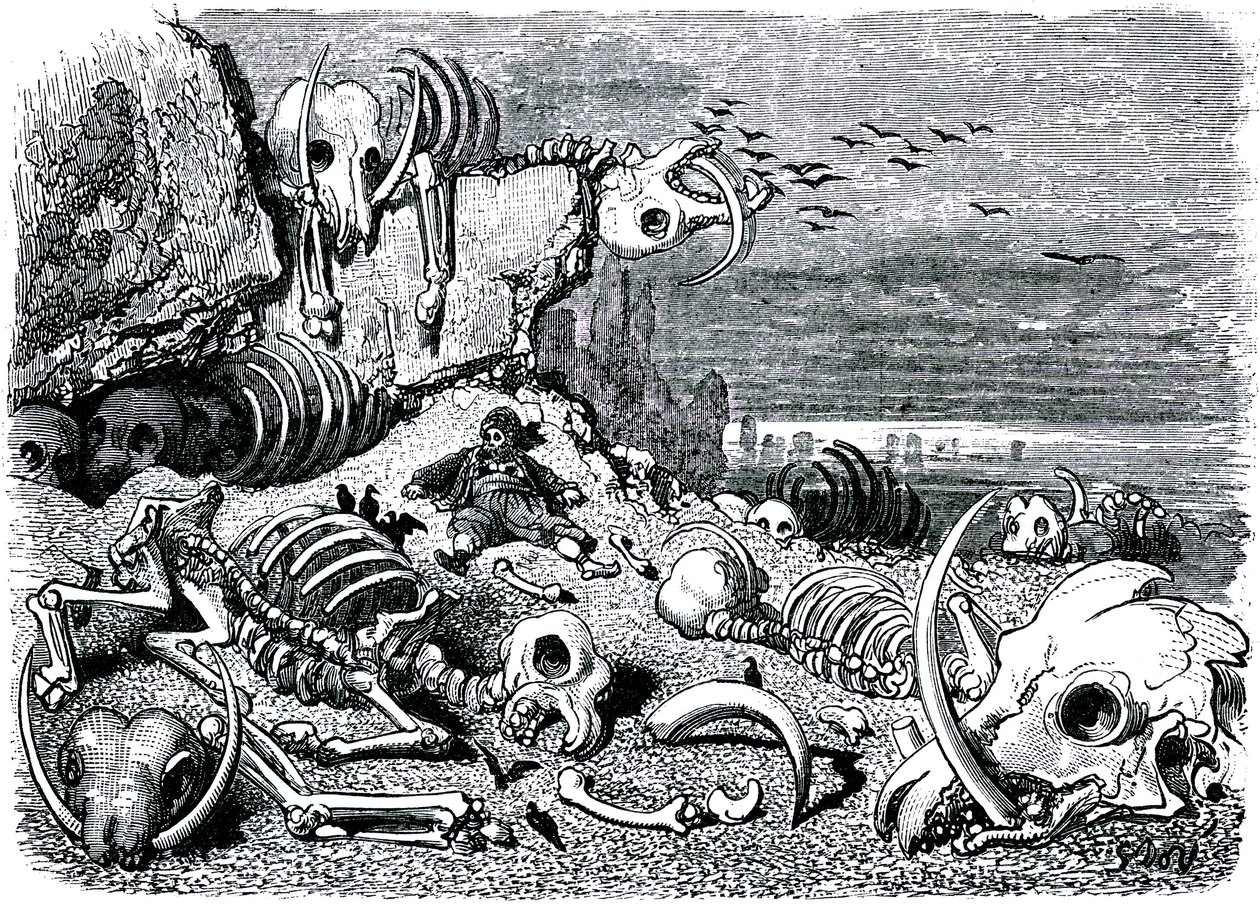 Sindbad sjömannen (Sinbad) - berättelsen om de tusen och en (1001) nätterna - illustration av Gustave Dore - utgåva Maxwell 1865 - Sjunde och sista resan: elefanternas kyrkogård där Sindbad ska återfå elfenbensförsvaret av Gustave Dore