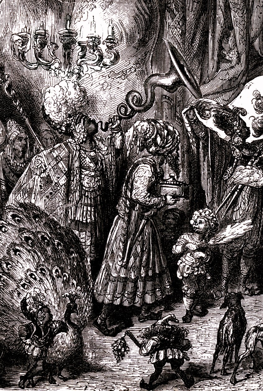 Sindbad sjöfararen (Sindbad) - berättelsen om de tusen och en (1001) nätterna - illustration av Gustave Dore (detalj) - Maxwell edition 1865 - Sjätte resan: Till hovet hos kungen av Serendib av Gustave Dore