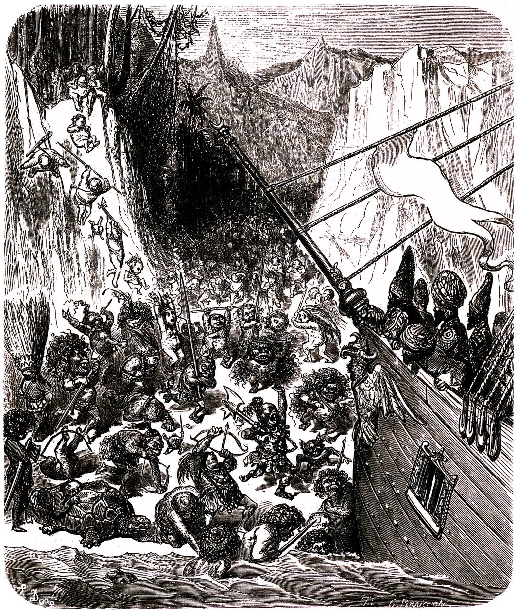 Sindbad sjöfararen (Sindbad) - berättelsen om de tusen och en (1001) nätterna - illustration av Gustave Dore - Tredje resan: en tempete kastar Sindbads och hans följeslagares skepp på en ö där de attackeras av en mängd små och hemska varelser av Gustave Dore