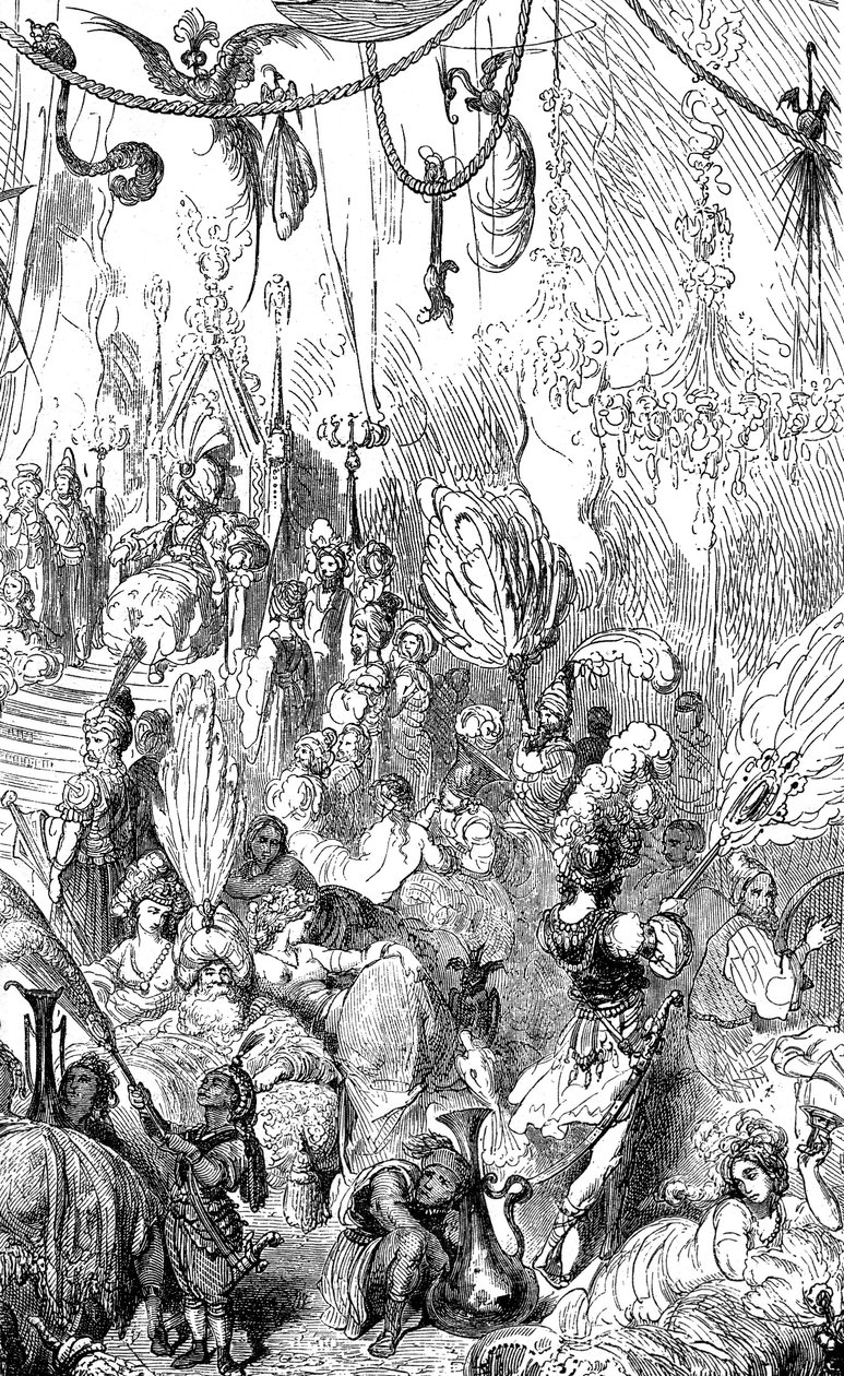 Seglaren Sindbad (Sinbad) - berättelsen om de tusen och en (1001) nätterna - illustration av Gustave Dore - Maxwell-utgåvan 1865 - Sjätte resan - denna gravyr kan föreställa kungen av Serendibs hov eller kalifen Haroun al-Rashids (Harun al av Gustave Dore