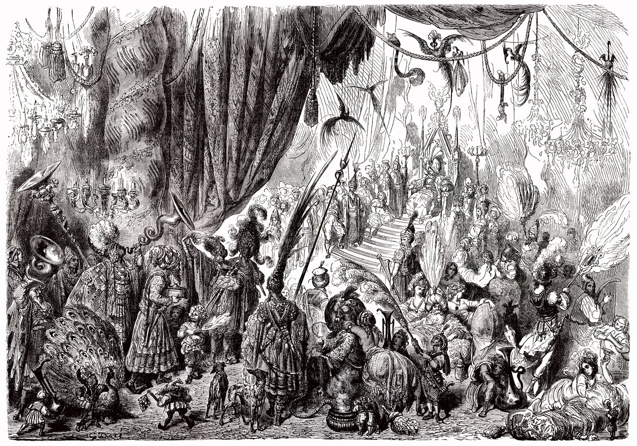 Sindbad sjömannen (Sinbad) - berättelsen om de tusen och en (1001) nätterna - illustration av Gustave Dore - Maxwell-utgåvan 1865 - Sjätte resan: hovet hos kungen av Serendib av Gustave Dore