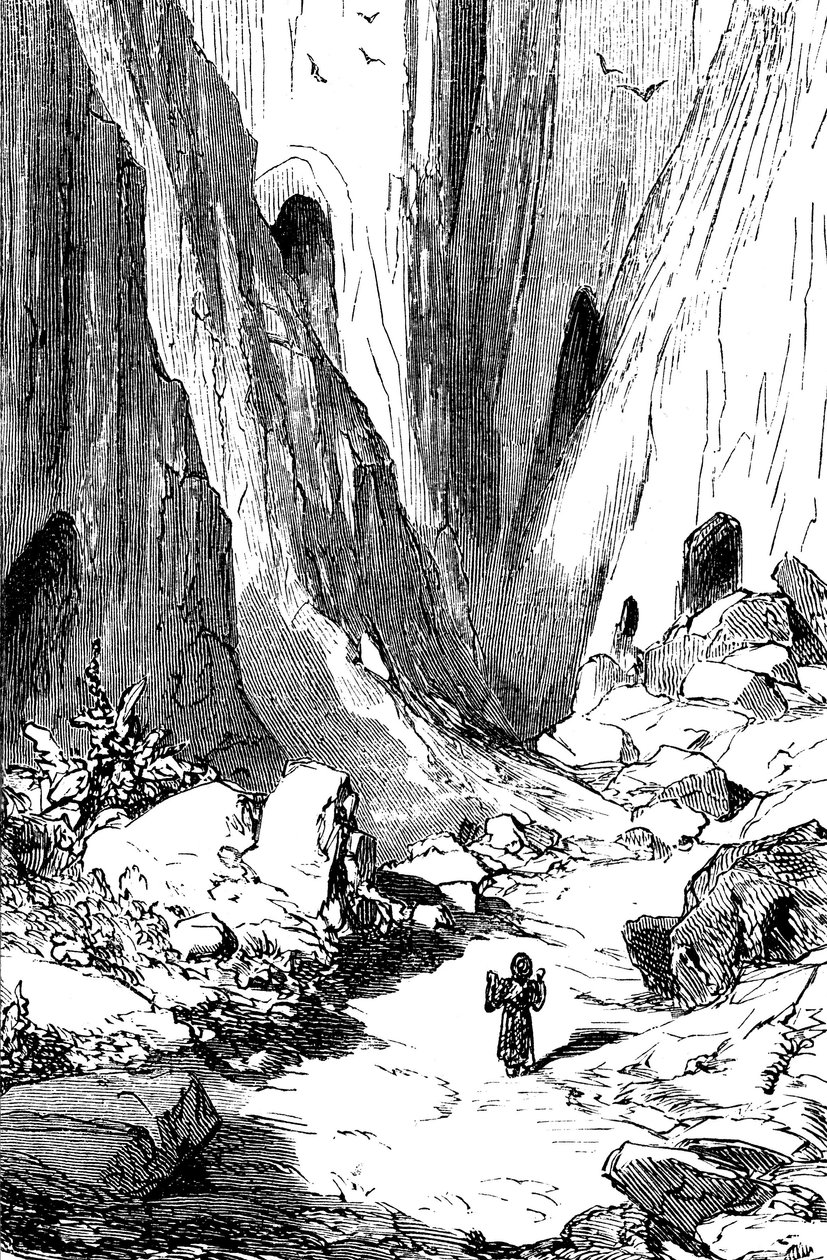 Sindbad sjöfararen (Sinbad) - berättelsen om de tusen och en (1001) nätterna - illustration av Gustave Dore - edition Maxwell 1865 - Andra resan: Sindbat upptäcker en dal med diamanter, men som tyvärr är ockuperad av jätteormar. Han kommer att ta refu av Gustave Dore