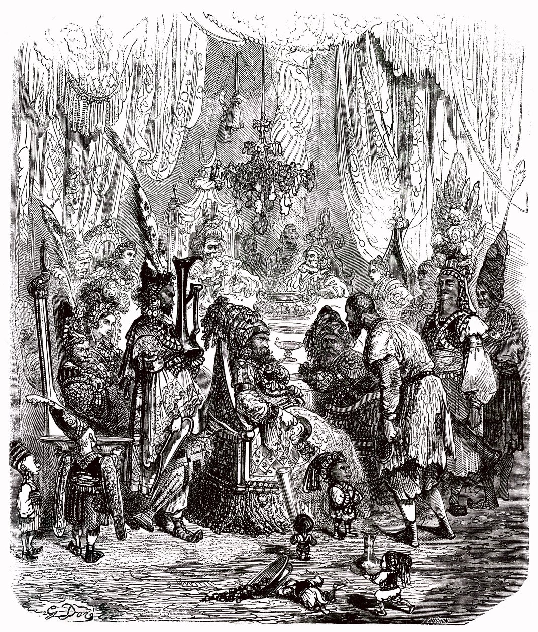 Sindbad sjömannen (Sinbad) - berättelsen om de tusen och en (1001) nätterna - illustration av Gustave Dore - Maxwell edition 1865 - Prolog: en fattig bärare (Hinbad) presenterar sig för Sindbad, som har blivit gammal och rik. Den senare kommer att berätta  av Gustave Dore