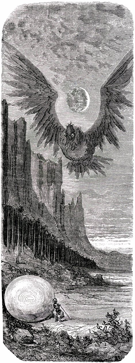Sindbad sjömannen (Sinbad) - berättelsen om de tusen och en (1001) nätterna - illustration av Gustave Dore - utgåva Maxwell 1865 - Andra resan: Sindbad har upptäckt på en ö ett stort ägg av den gigantiska fågeln Roc och attackeras av denna jättefågel - av Gustave Dore