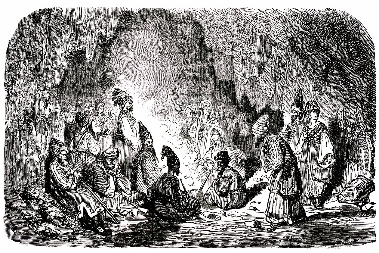 Sindbad sjömannen (Sinbad) - sagan om de tusen och en (1001) nätterna - illustration av Gustave Dore - Maxwell edition 1865 - Första resan: Sindbad, som övergivits mitt ute på havet av sina kamrater, når en ö och möter i en grotta blekfrenien av Gustave Dore