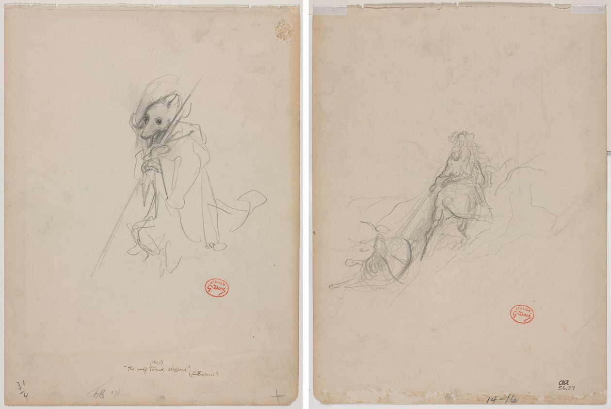 Skiss för "The Wolf Turned Shepherd" (recto) Sketch of Hunting Scene (verso) av Gustave Dore