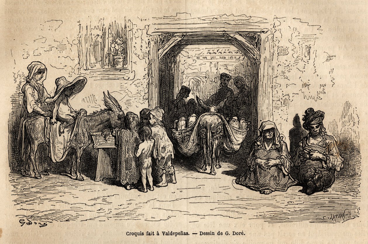 Skiss tagen live: tiggare i Valpadenas (kanalen). Gravyr för att illustrera resan till Spanien av Gustave Dore (1832-1883) illustratör och baron Ch. Davillier-reaktorn, 1862, publicerad i "Le tour du monde, nouveau journal des voyages", under av Gustave Dore