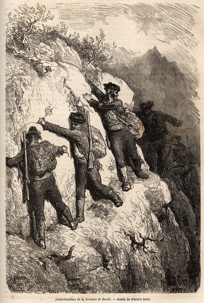 Smugglare från Serrania de Ronda. Teckning av Gustave Dore (1832-1883), för att illustrera hans resa till Spanien 1862, med Ch. Davillier. Gravyr i "" Le tour du monde"", redigerad av Edouard Charton av Gustave Dore
