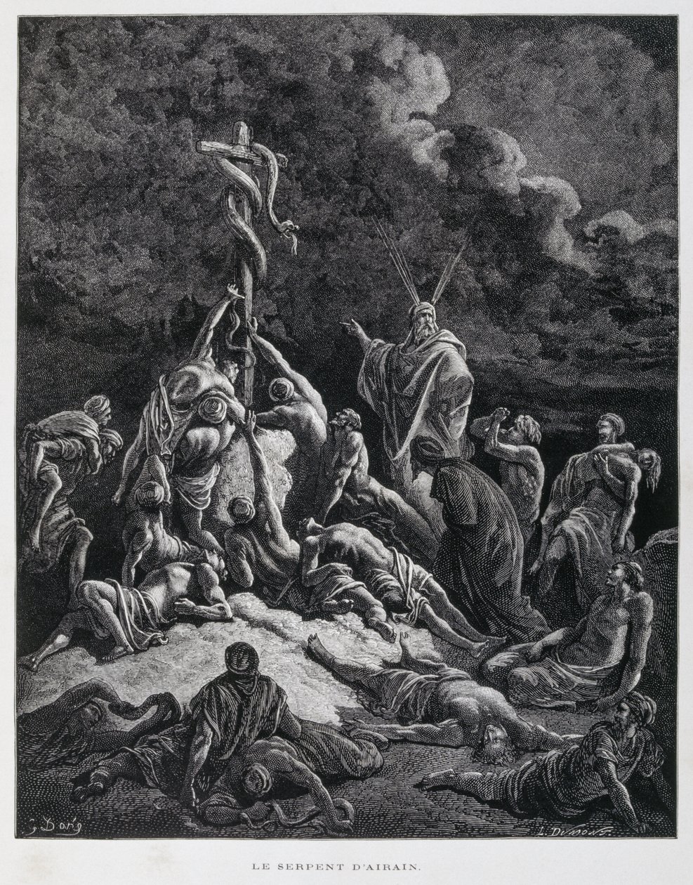 Så gjorde Mose en orm av brons och satte upp den på en påle. Numeri 21:7, illustration från Dore-bibeln av Gustave Dore
