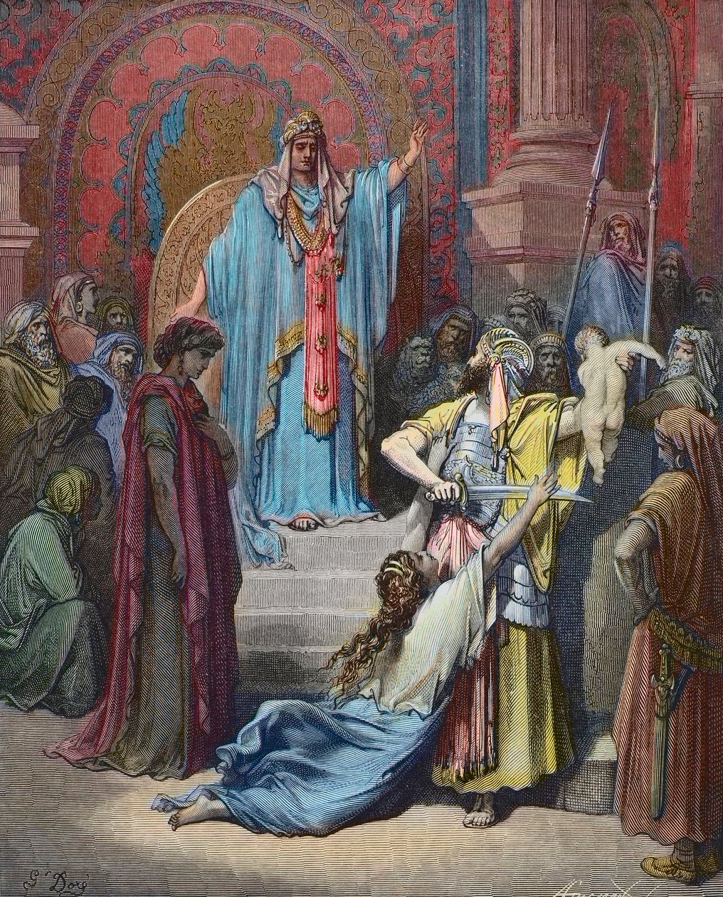 Salomos dom - Salomo gör domen att dela barnet mellan de två kärandena - Gravyr av Gustave Dore (1832 - 1883) - senare färgläggning av Gustave Dore
