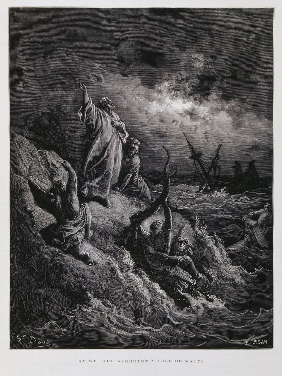 Paulus landstiger på Malta, illustration från Dore-bibeln av Gustave Dore