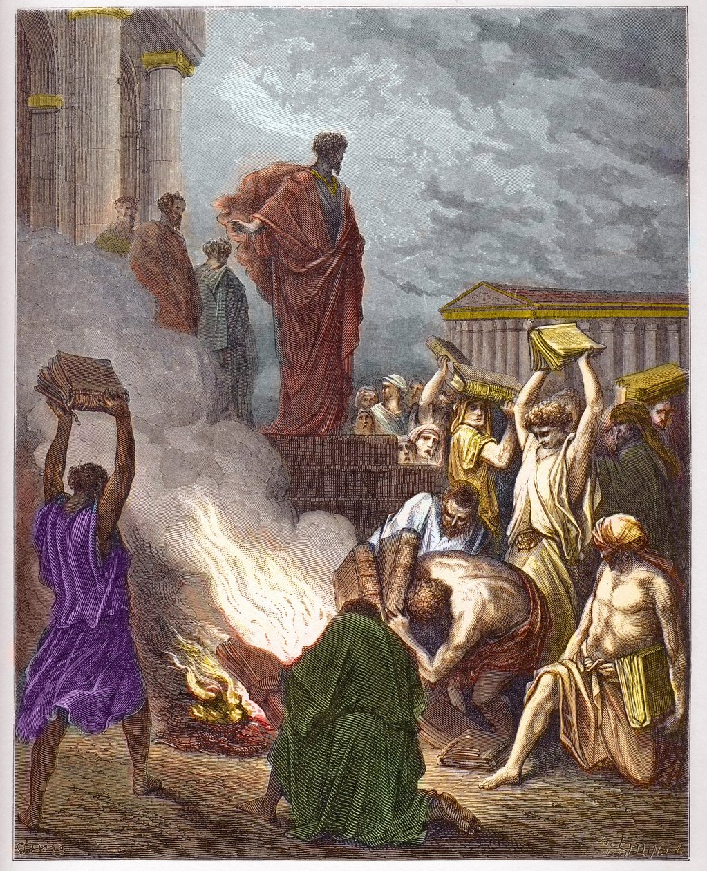 St Paul i Efesos - Saint Paul a Efese - Förutsägelsen av Saint Paul a Efese. Judar som var engagerade i exorcism bränner böckerna - - gravyr i "The Bible illustree" av Gustave Dore (1832-1883) - Gravyr från "" The Dore Bible"" av Gustave Dore