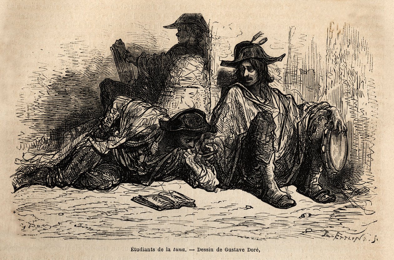 Studenter av tonfisk (eller tunantes) i distriktet vid universitetet i Alcala de Henares, det speciella med dessa studenter som har antagit ledigt, fritt och vandrande liv är att inte studera, skissa på live av Gustave Dore. Gravyr för att illustrera resan av Gustave Dore
