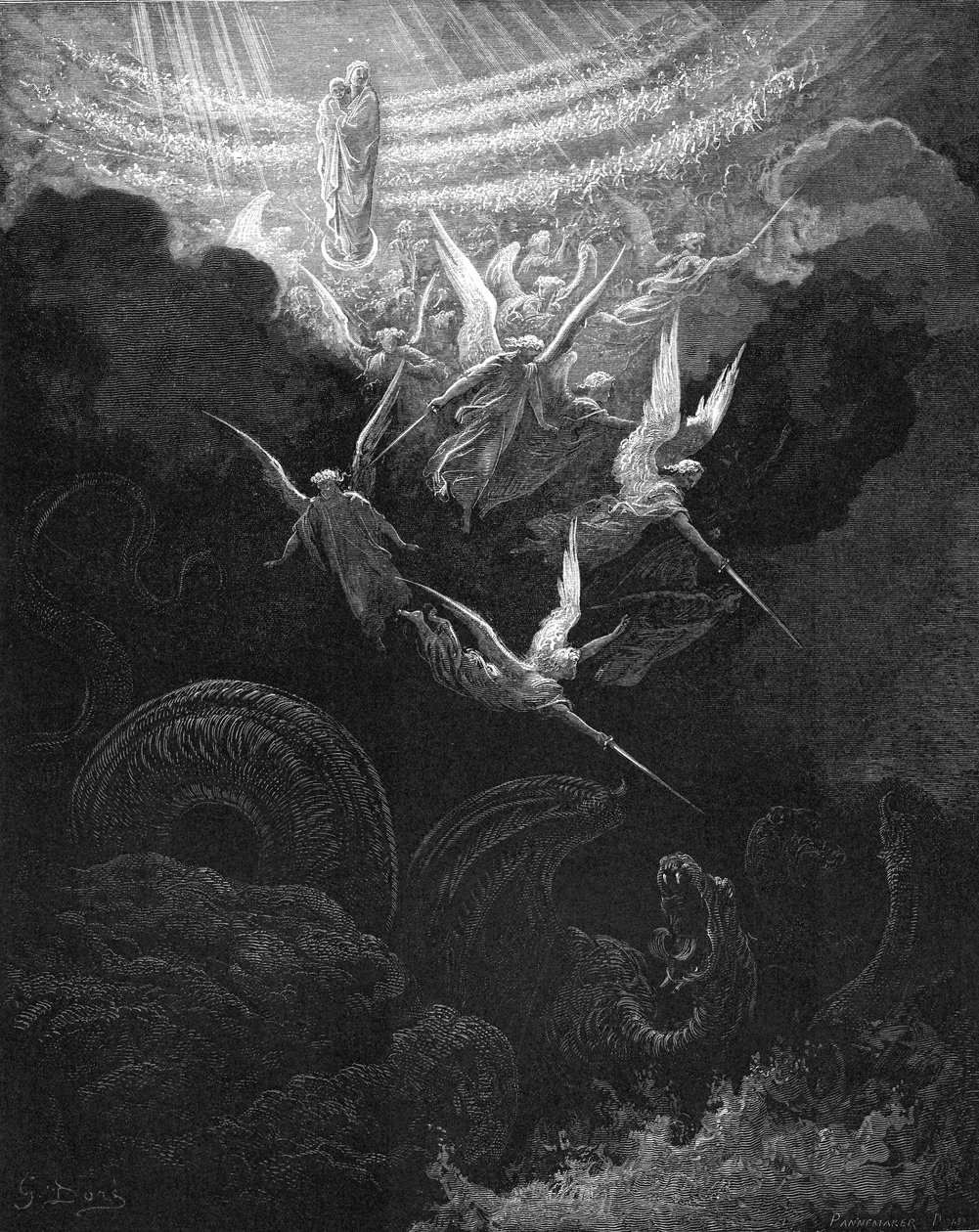 Ärkeängeln Mikael och hans änglar slåss mot draken, 1865-1866 av Gustave Dore