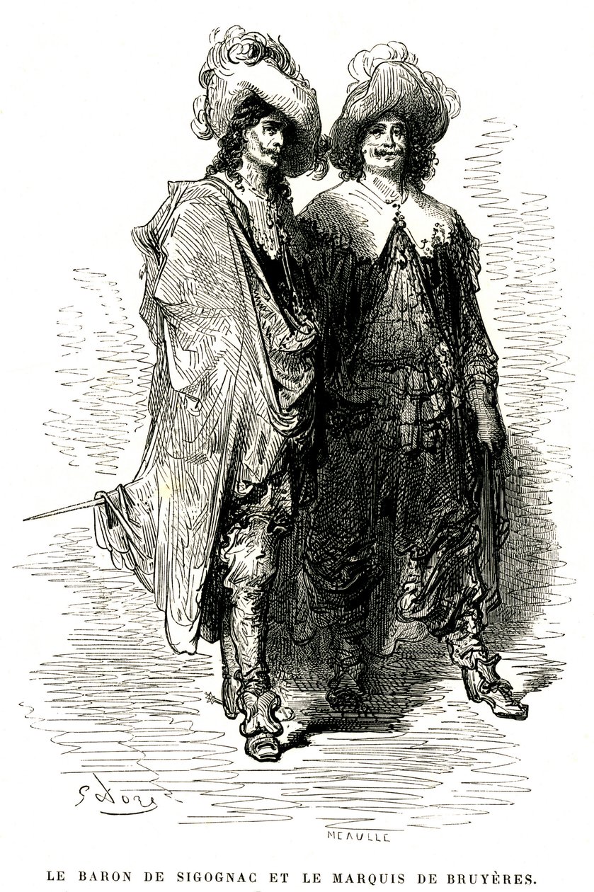 Baron de Sigognac och markis de Bruyeres. Gravyr av Gustave Dore som illustrerar Theophile Gautiers roman "Le capitaine Fracasse", edition Charpentier 1863. av Gustave Dore