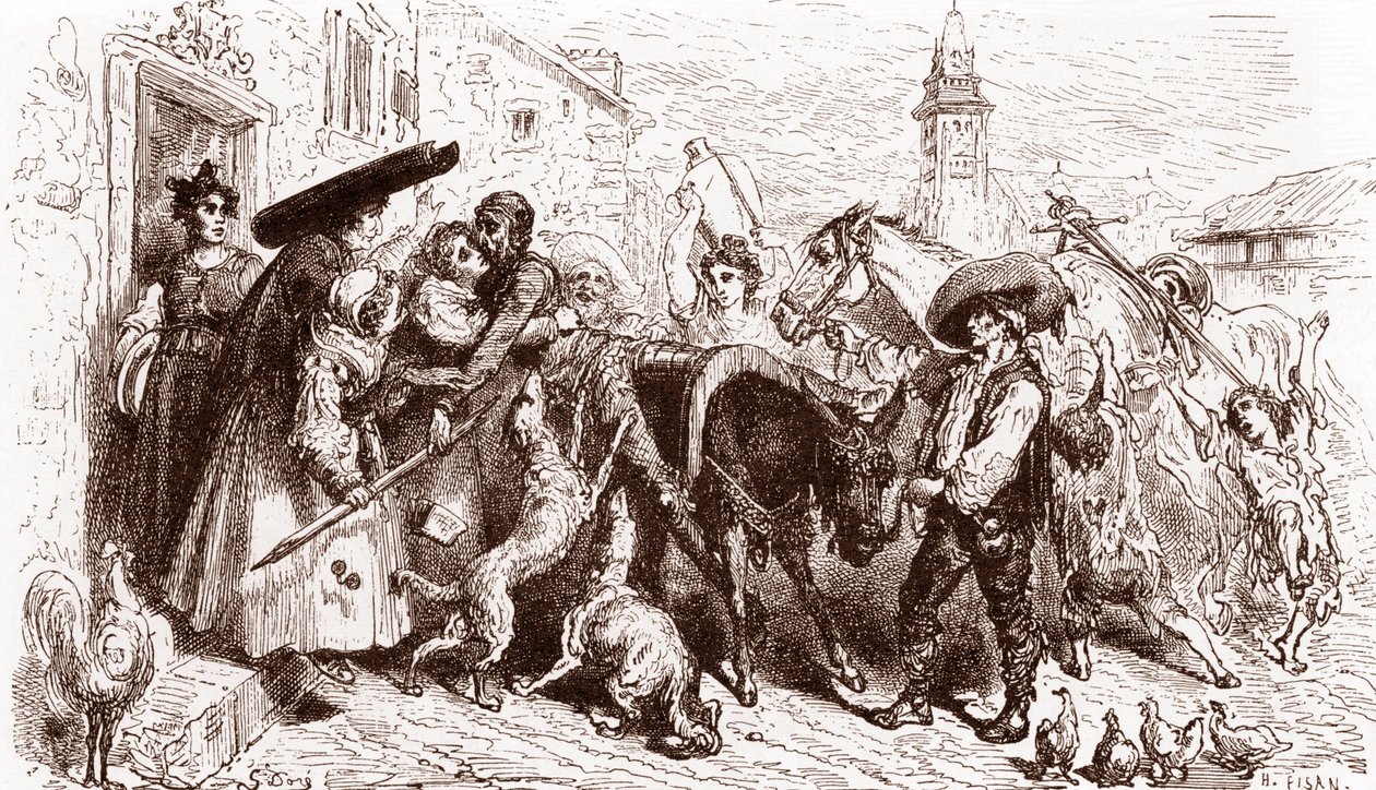 Den misshandlade Quijoten kommer hem Gravyr av Gustave Dore (1832-1883) för "L