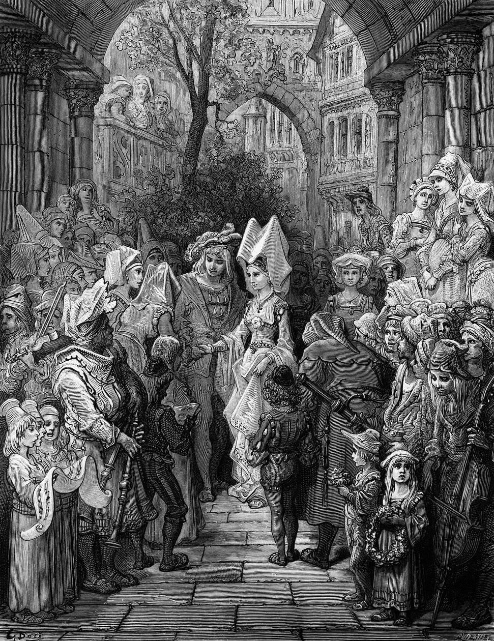 Bruden och brudgummen kommer in i hallen, scen från "The Rime of the Ancient Mariner" av S.T. Coleridge, publicerad av Harper und Brothers, New York, 1876 (trägravyr) av Gustave Dore