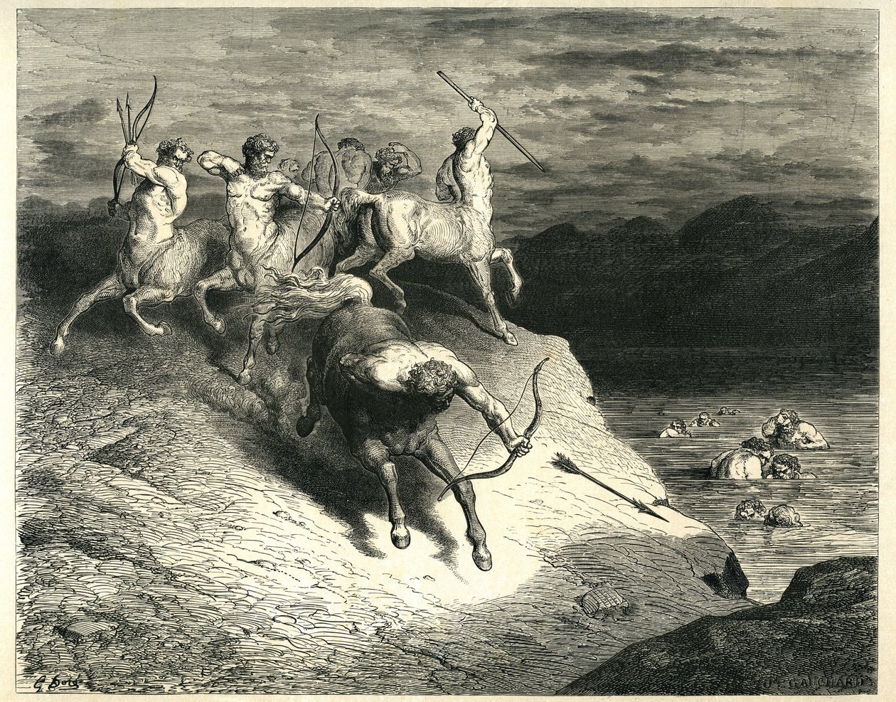 Centaurerna kastar pilar mot dammar som kommer upp ur Styx träskmarker. Gravyr ur Helvetet av Dante Alighieri (Den gudomliga komedin) illustrerad av Gustave Dore. Fransk utgåva från 1861. "Noi ci appressammo a quel proud snelle. (Vi närmar oss dessa av Gustave Dore