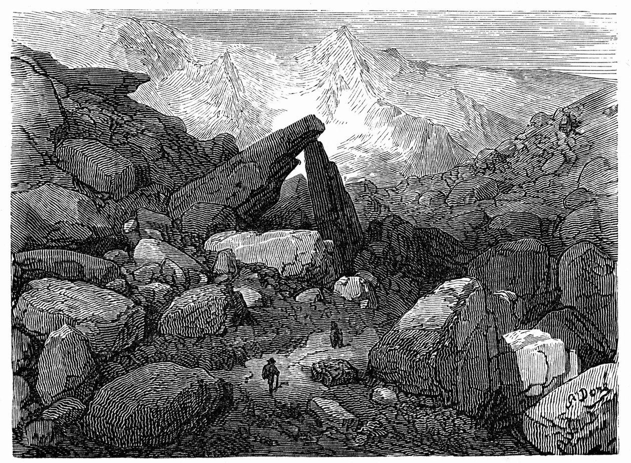 Chaos Trail, som leder till Cirque de Gavarnie: gravyr av Gustave Dore som illustrerar boken "Journey to the Pyrenees of Hippolyte Taine", Hachette 1860. av Gustave Dore