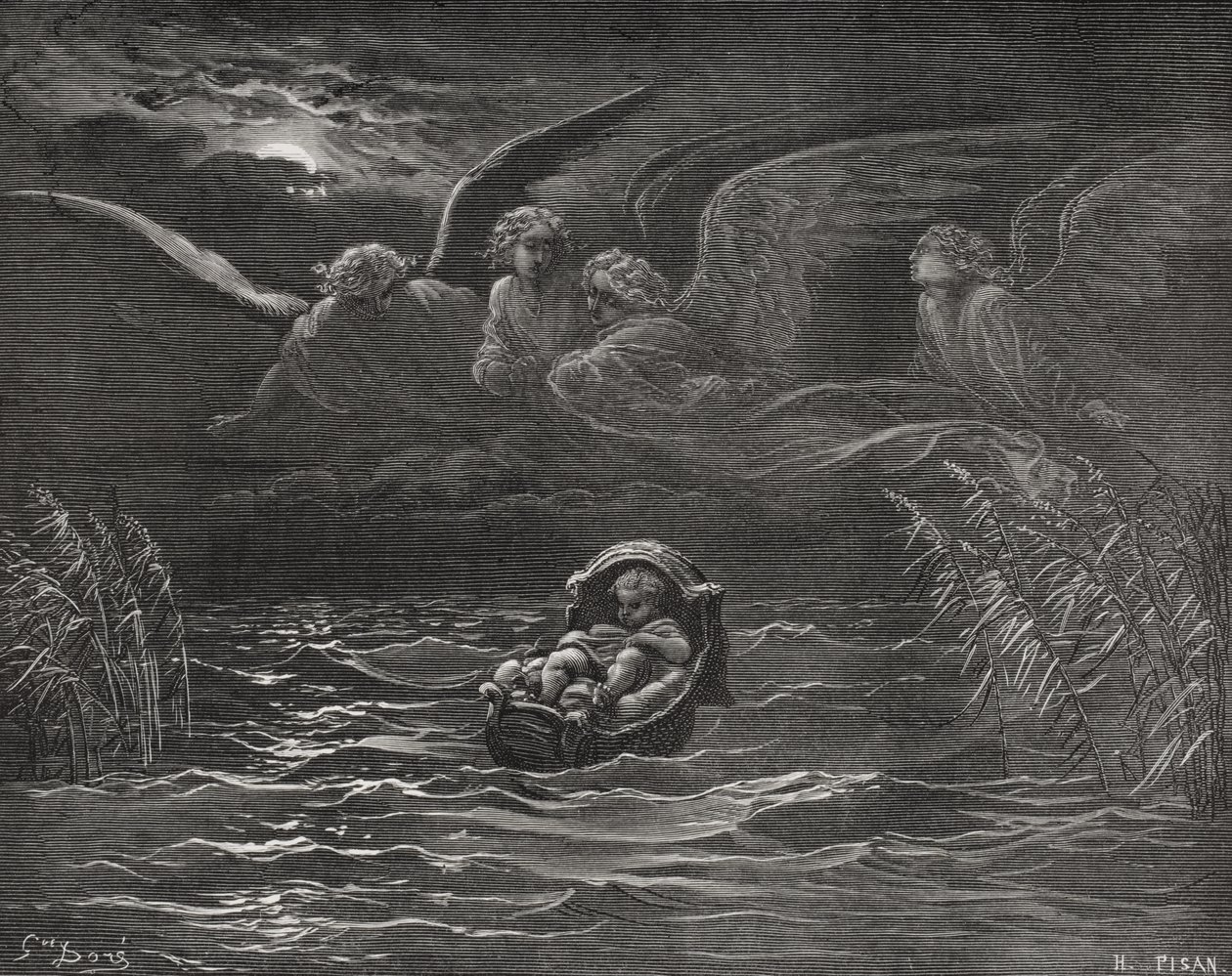 Barnet Moses på Nilen, 2 Mosebok 2:1-4, illustration från Dores "The Holy Bible", graverad av H.Pisan, 1866. av Gustave Dore
