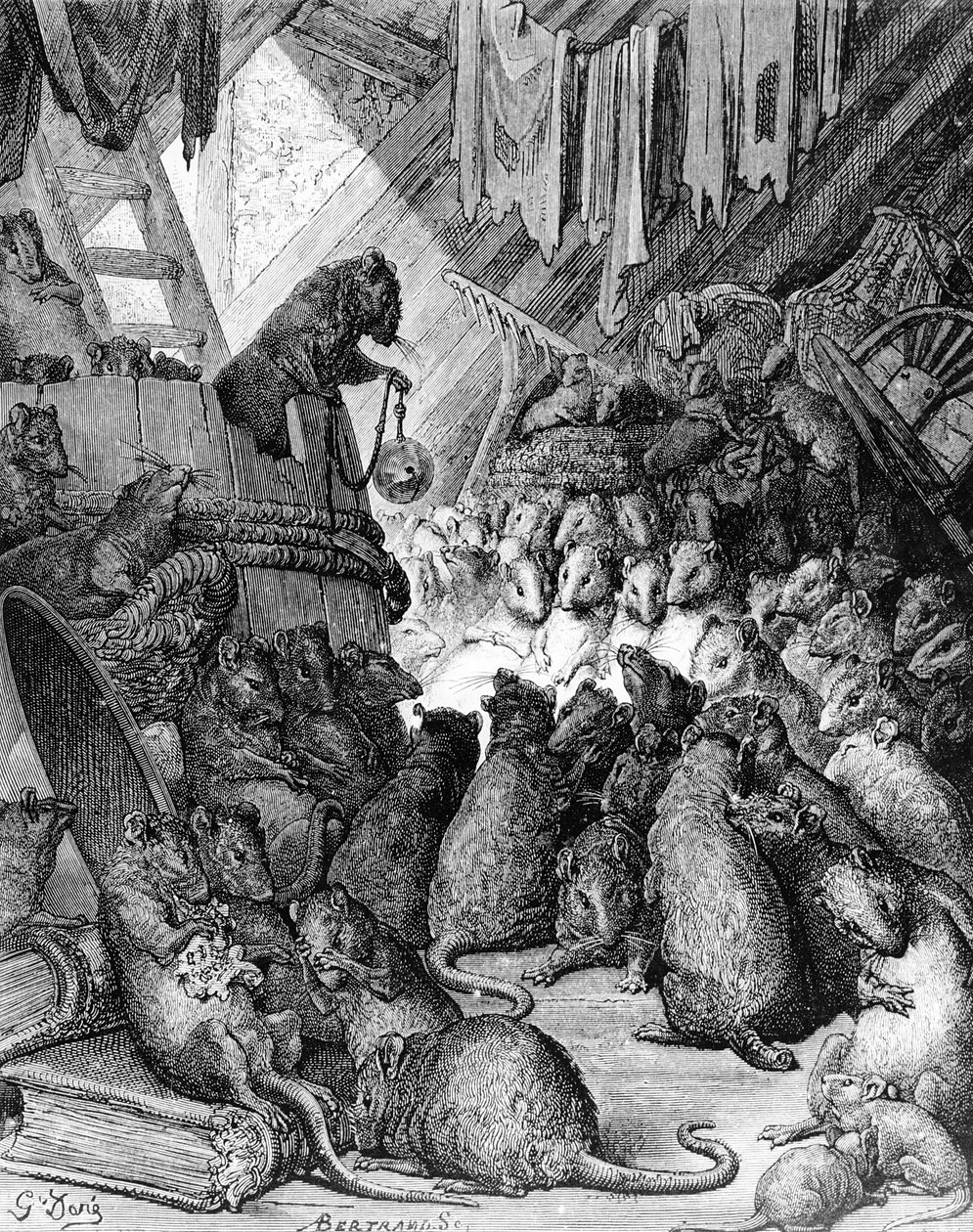 Rådet som hålls av råttorna, från fablerna i La Fontaine, graverade av Antoine Valerie Bertrand (f.1823) c.1868 av Gustave Dore