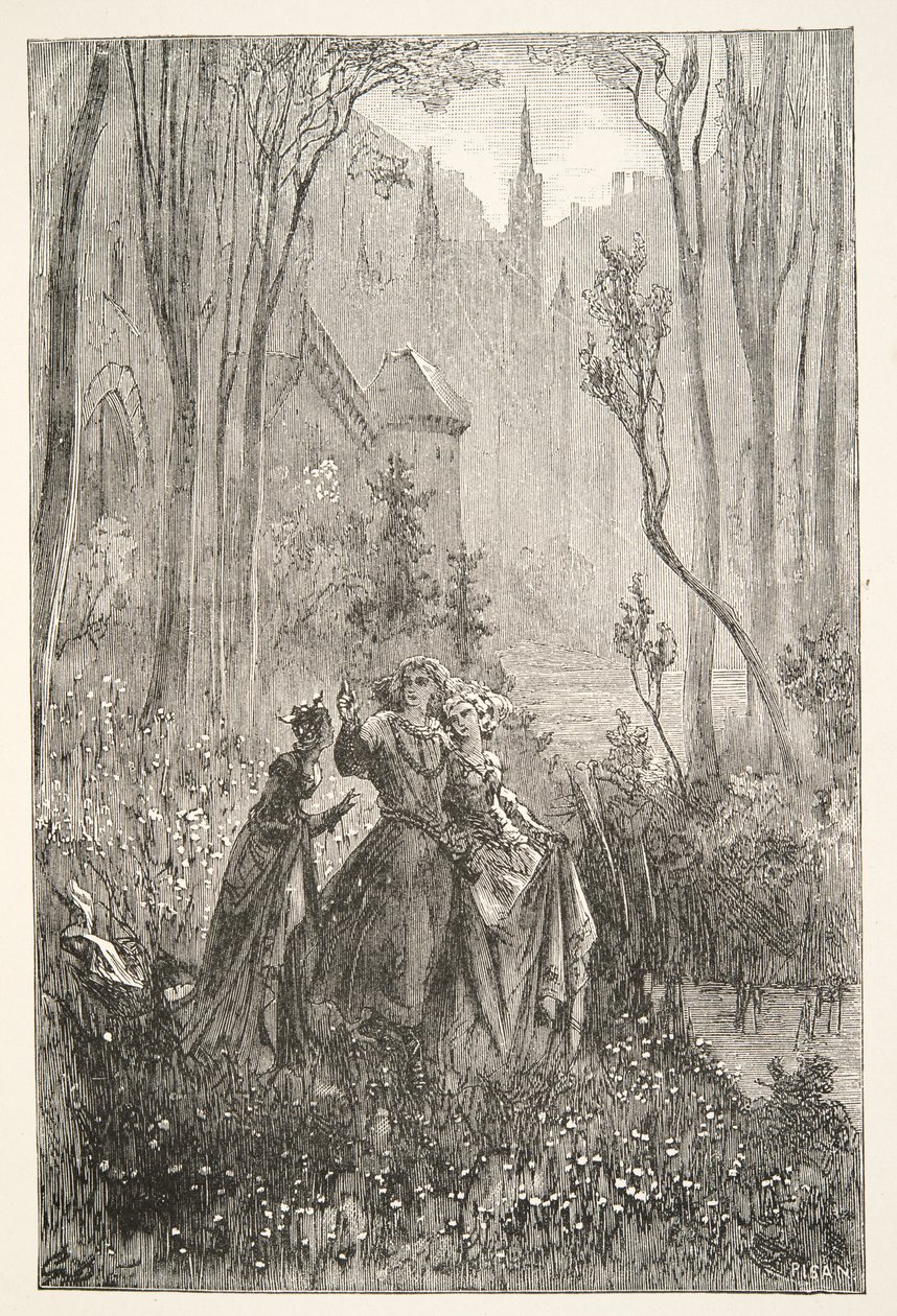 The Countess of the Fountain and her Damsels, från Stories of the Days of King Arthur av Charles Henry Hanson, pub.1898 av Gustave Dore