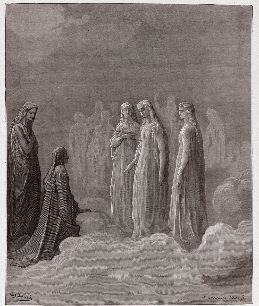 Den gudomliga komedin (La Divina Comedia, La Divine Comedie), Paradiso, Canto 3: Det första riket: Piccarda Donati och själarna vars löften hade brutits - av Dante Alighieri (1265-1321) - Illustration av Gustave Dore (1832-1883) ) av Gustave Dore