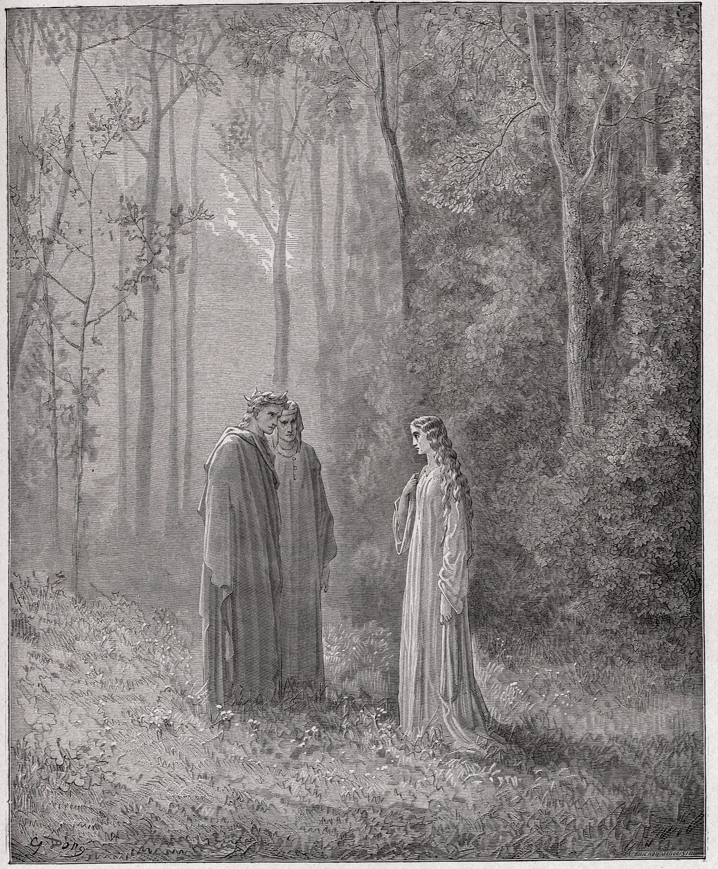 Den gudomliga komedin (La Divina Comedia, La Divine Comedie), Purgatorio, Canto 5: Dante talar med Pia de Tolomei (Tolommei) - av Dante Alighieri (1265-1321) - Illustration av Gustave Dore (1832-1883) av Gustave Dore