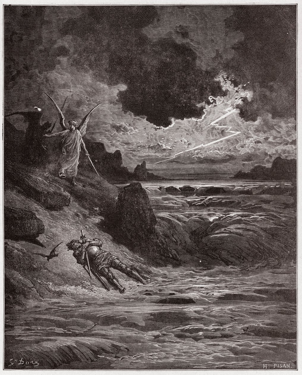 The Divine Comedy (La Divina Comedia, La Divine Comedie), Purgatorio, Canto 5: The body of Buonconte da Montefeltro in the Arno - av Dante Alighieri (1265-1321) - Illustration av Gustave Dore (1832-1883) av Gustave Dore