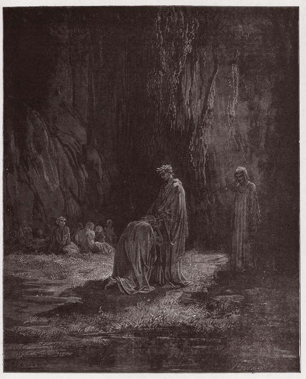 The Divine Comedy (La Divina Comedia, La Divine Comedie), Purgatorio, Canto 7: Poeten Sordello, förvånad, knäböjer framför Vergilius - av Dante Alighieri (1265-1321) - Illustration av Gustave Dore (1832-1883) av Gustave Dore