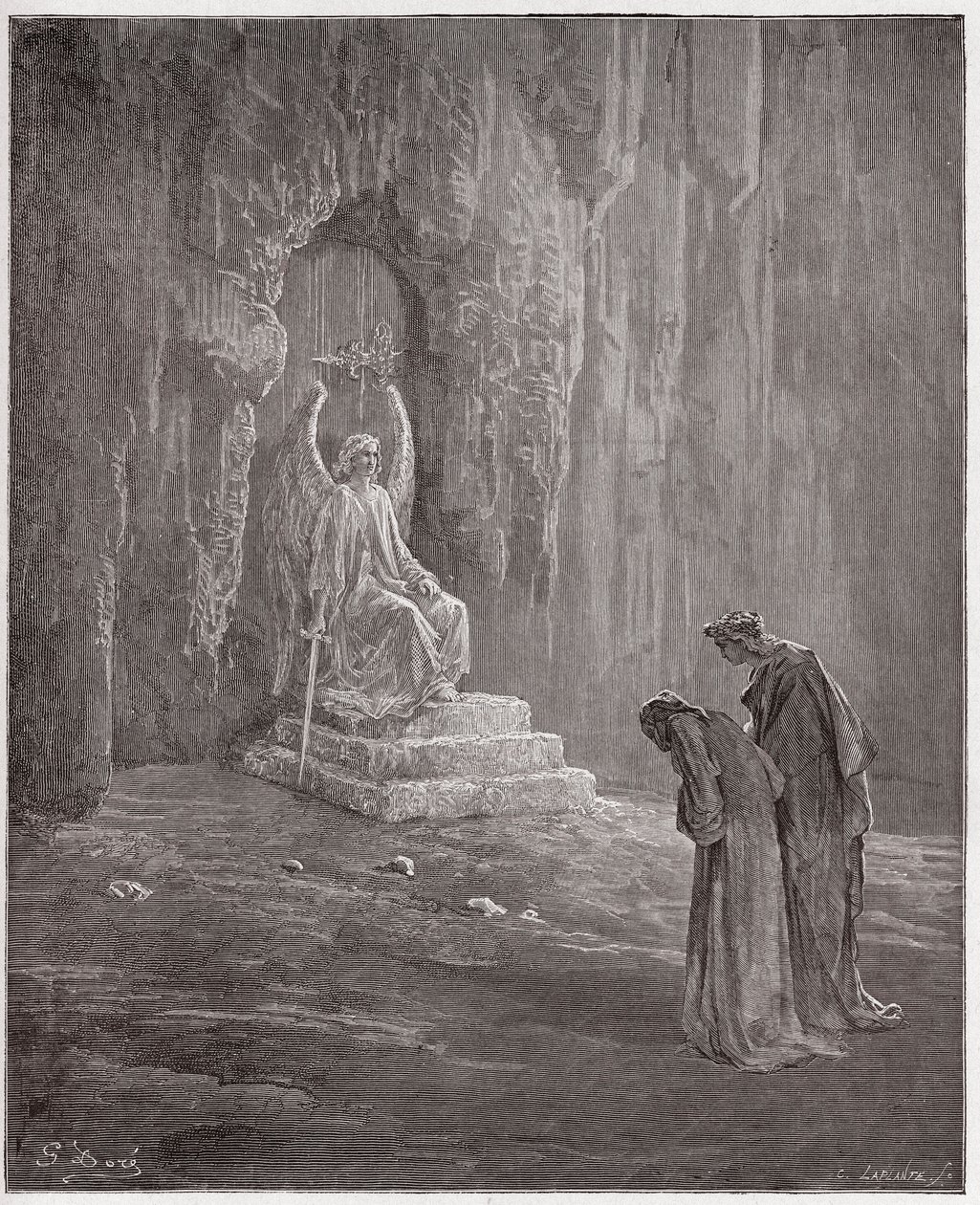 The Divine Comedy (La Divina Comedia, La Divine Comedie), Purgatorio, Canto 9: Dante and Vergilius at the portals of Purgatory - av Dante Alighieri (1265-1321) - Illustration av Gustave Dore (1832-1883) av Gustave Dore
