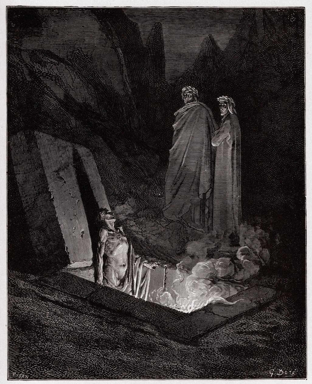 The Divine Comedy (La Divina Commedia, La Divine Comedie), Inferno, Canto 10: Farinata degli Uberti tilltalar Dante - av Dante Alighieri (1265-1321) - Illustration av Gustave Dore (1832-1883) av Gustave Dore