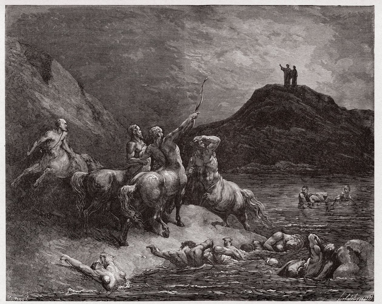 The Divine Comedy (La Divina Commedia, La Divine Comedie), Inferno, Canto 12: Nessus and the centaurs - av Dante Alighieri (1265-1321) - Illustration av Gustave Dore (1832-1883) av Gustave Dore
