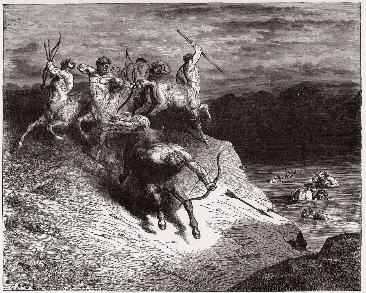 The Divine Comedy (La Divina Commedia, La Divine Comedie), Inferno, Canto 12: Kentaurerna attackerar själarna i kokande blod - av Dante Alighieri (1265-1321) - Illustration av Gustave Dore (1832-1883) av Gustave Dore