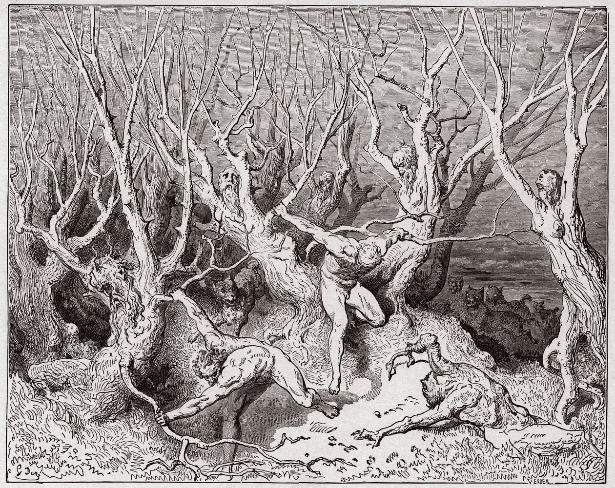The Divine Comedy (La Divina Commedia, La Divine Comedie), Inferno, Canto 13: Självmorden flyr från skogen - av Dante Alighieri (1265-1321) - Illustration av Gustave Dore (1832-1883) av Gustave Dore