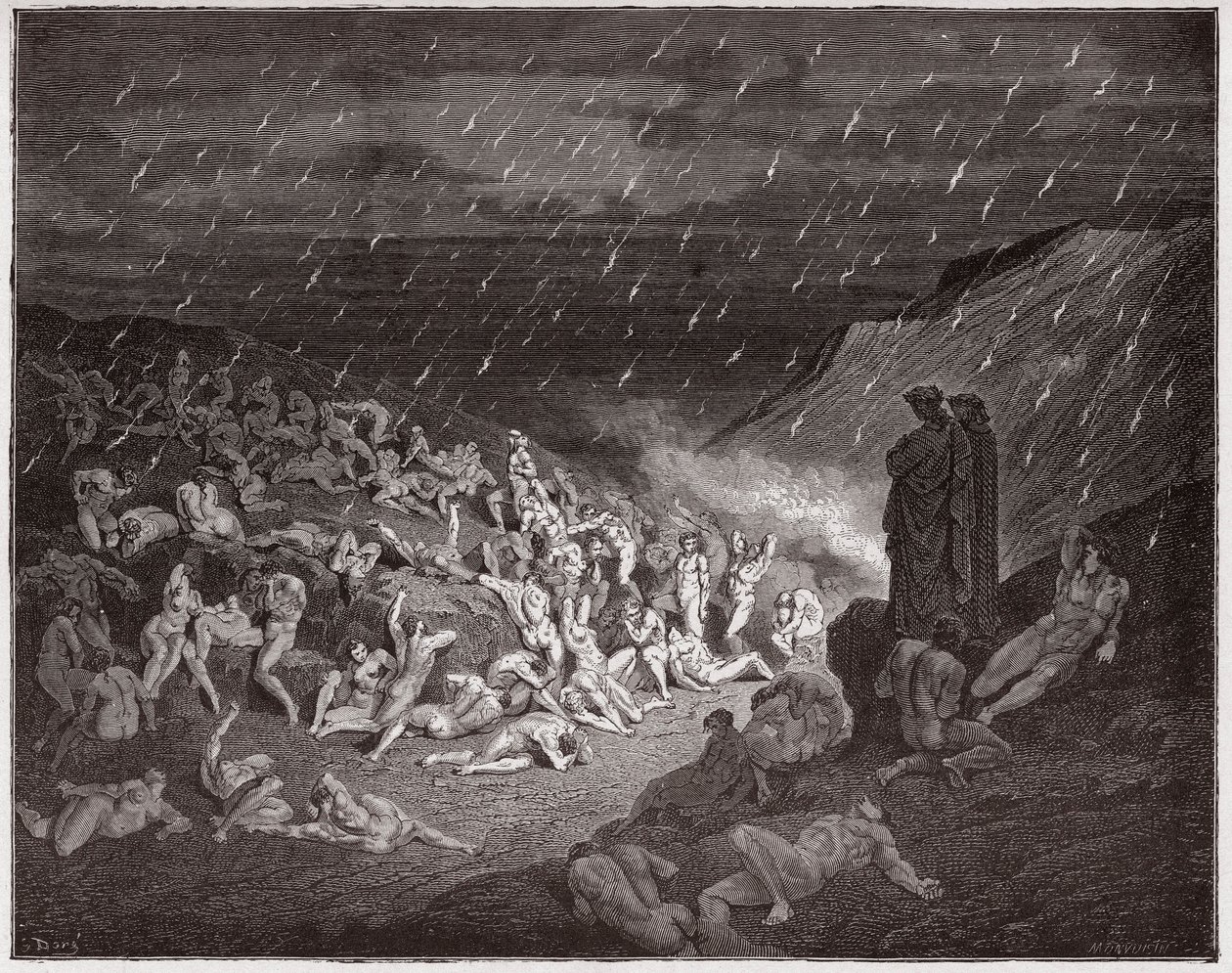 The Divine Comedy (La Divina Commedia, La Divine Comedie), Inferno, Canto 14: De våldsamma, plågade i eldregnet - av Dante Alighieri (1265-1321) - Illustration av Gustave Dore (1832-1883) av Gustave Dore