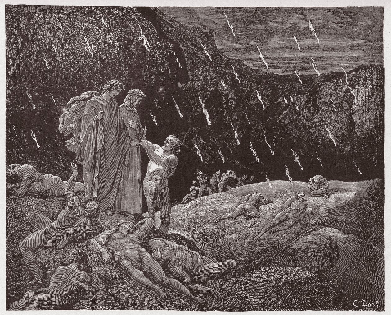 The Divine Comedy (La Divina Commedia, La Divine Comedie), Inferno, Canto 15: Brunetto Latini accosts Dante - av Dante Alighieri (1265-1321) - Illustration av Gustave Dore (1832-1883) av Gustave Dore