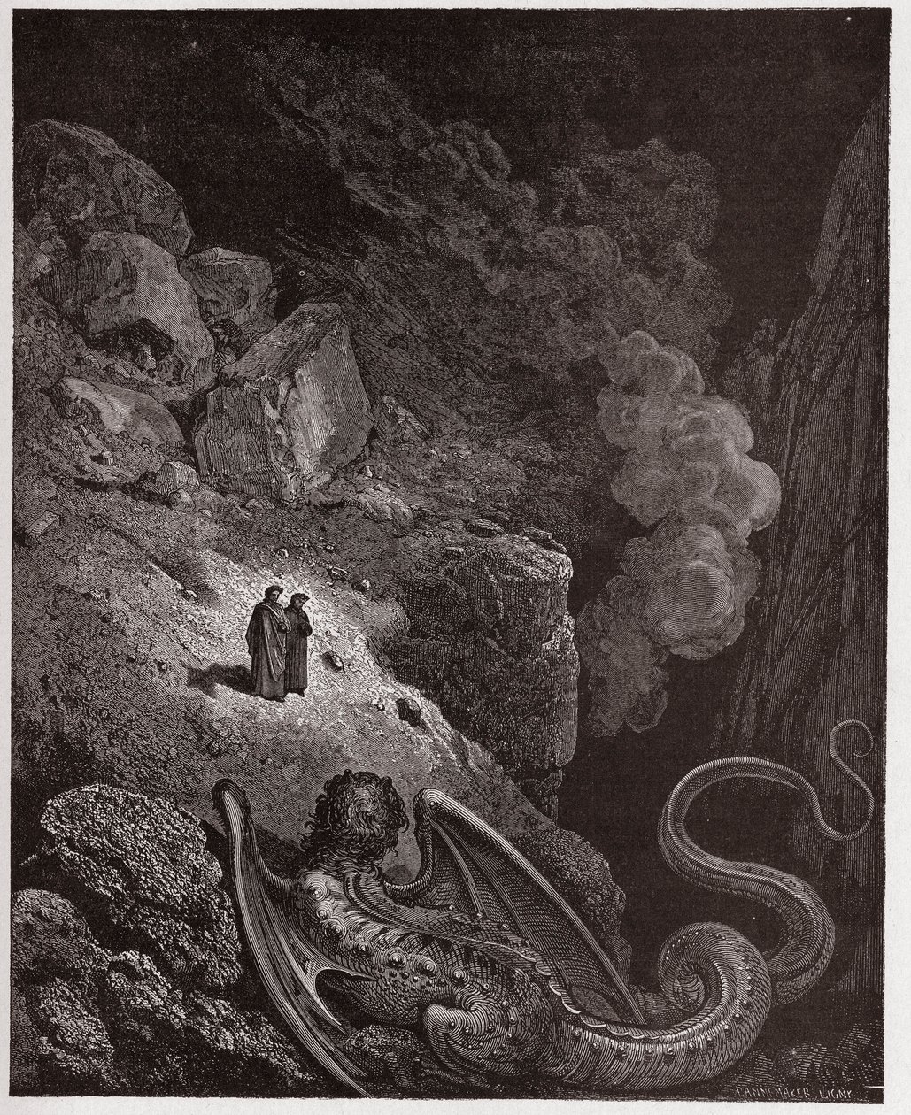 The Divine Comedy (La Divina Commedia, La Divine Comedie), Inferno, Canto 17: Geryon, symbol för svek - av Dante Alighieri (1265-1321) - Illustration av Gustave Dore (1832-1883) av Gustave Dore