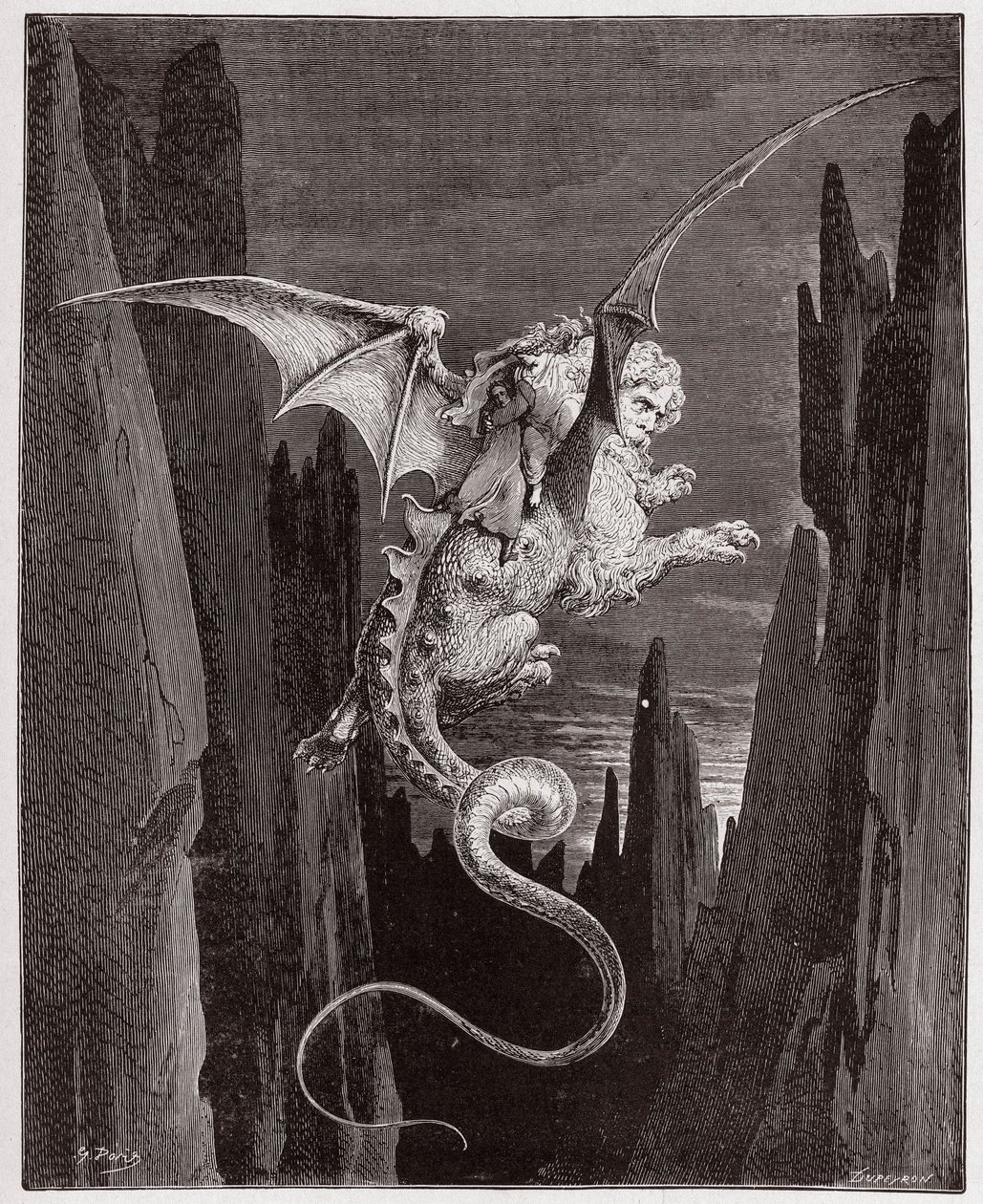 Den gudomliga komedin (La Divina Commedia, La Divine Comedie), Inferno, Canto 17: Nedstigningen i avgrunden på Geryons rygg - av Dante Alighieri (1265-1321) - Illustration av Gustave Dore (1832-1883) av Gustave Dore