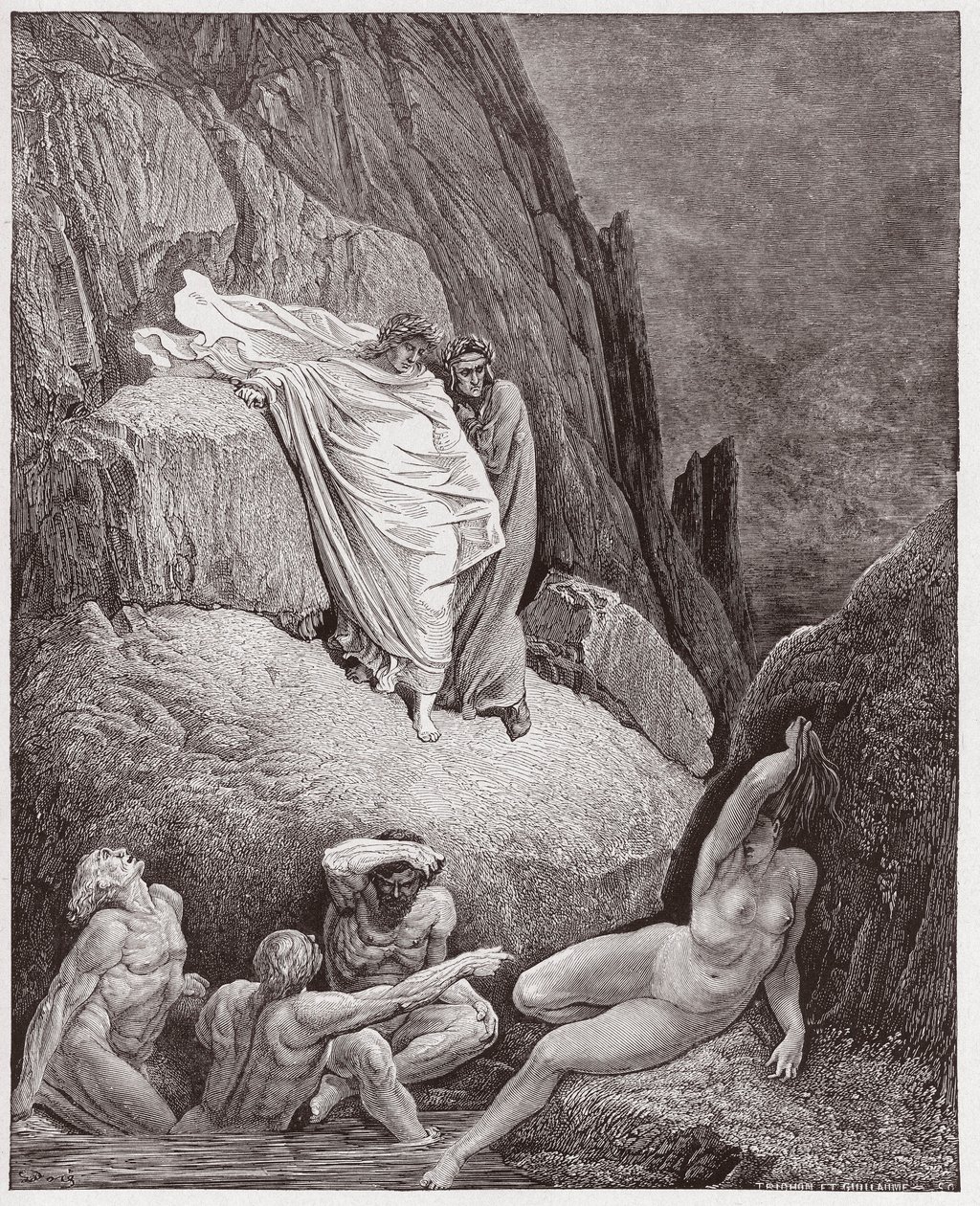 The Divine Comedy (La Divina Commedia, La Divine Comedie), Inferno, Canto 18: Virgil visar Dante skuggan av thailändskt - av Dante Alighieri (1265-1321) - Illustration av Gustave Dore (1832-1883) av Gustave Dore
