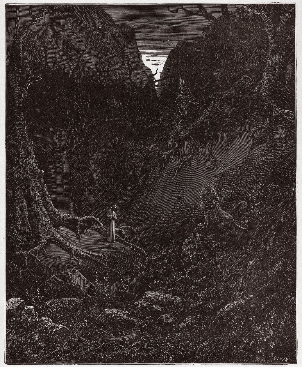 The Divine Comedy (La Divina Commedia, La Divine Comedie), Inferno, Canto 1: Lejonet konfronterar plötsligt Dante - av Dante Alighieri (1265-1321) - Illustration av Gustave Dore (1832-1883) av Gustave Dore