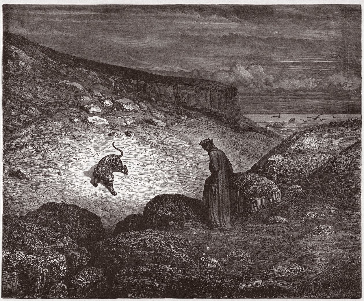 Den gudomliga komedin (La Divina Commedia, La Divine Comedie), Inferno, Canto 1: Pantern i början av uppstigningen - av Dante Alighieri (1265-1321) - Illustration av Gustave Dore (1832-1883) av Gustave Dore